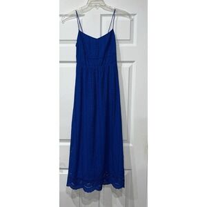 Zara Dress Women's Size XS Blue Cotton Spaghetti Strap Eyelet Lined Tiered Maxi